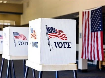 polling place with screened off voting areas with American flag and the word “vote” on screens and American flag in background