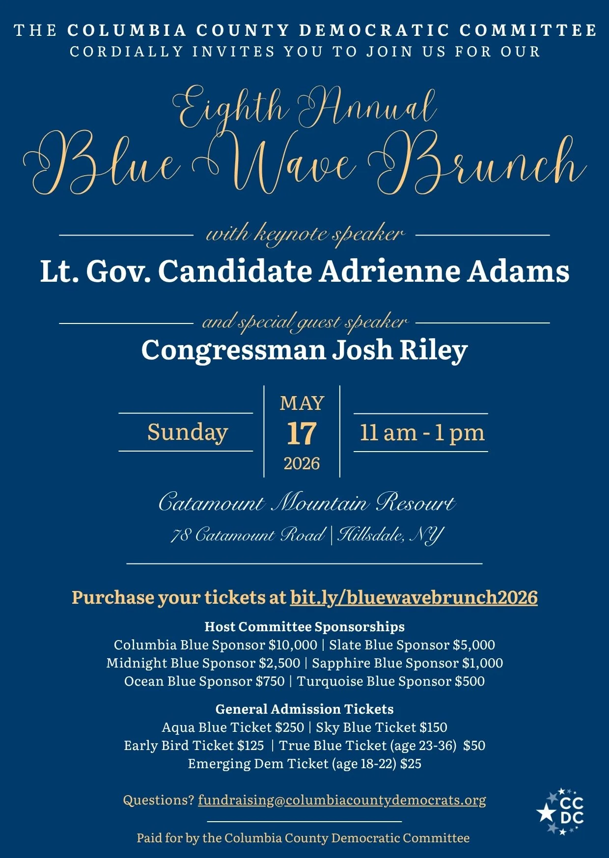 Poster for Blue wave Brunch May 17, 2026. Sponsorship tickets: $10,000, $5,000, $2,500, $1,000, $750, $500. General admission tickets: $250, $150, $125 (early bird), $50 (ages 23-36), $25 (ages 18-22).
