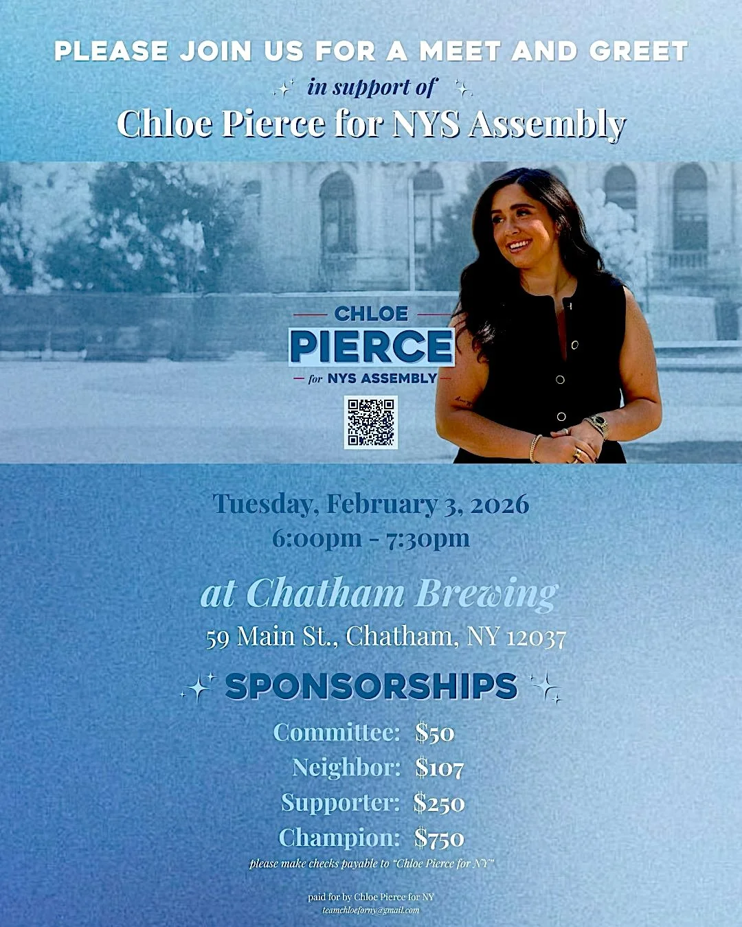 poster for Feb 3 meet & greet with suggested sponsorships: $50; $107; $250, $750