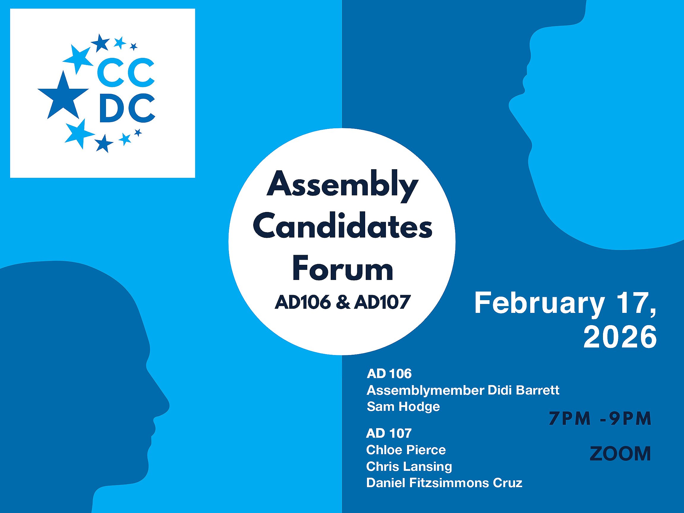 poster for candidates forum. AD 106 incumbent Didi Barrett and Sam Hodge; AD 107  Chloe Pierce, Chris Lansing, and Daniel Fitzsimmons Cruz.