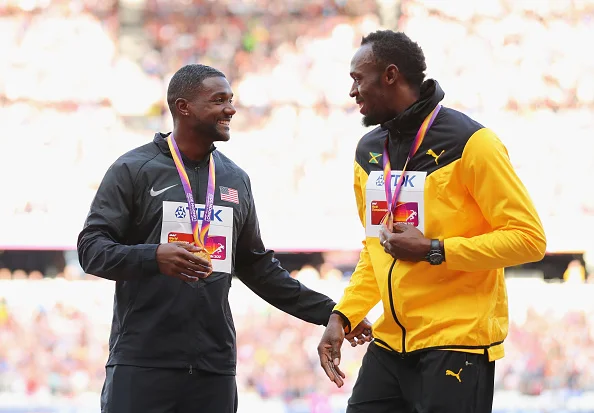 Justin Gatlin and Usain Bolt at the 2017 IAAF world championships in London // Getty Images