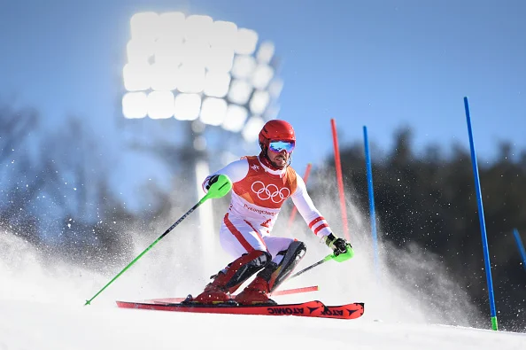 The wind, the swirling snow, the pressure -- none of it stopped Marcel Hirscher on the way to gold in the men's alpine combined // Getty Images