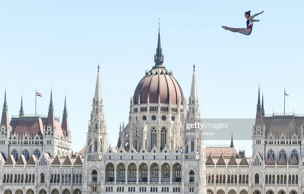 American Ginger Huber in front of the Hungarian parliament during the women's 20-meter high dive final during the 2017 FINA worlds