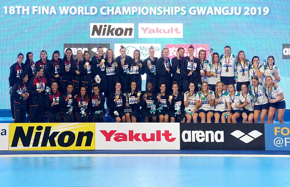 The 2019 FINA women’s water polo medalists — U.S., Spain, Australia // Getty Images