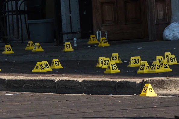 Police marked evidence at the scene, a bar called Ned Peppers // Getty Images