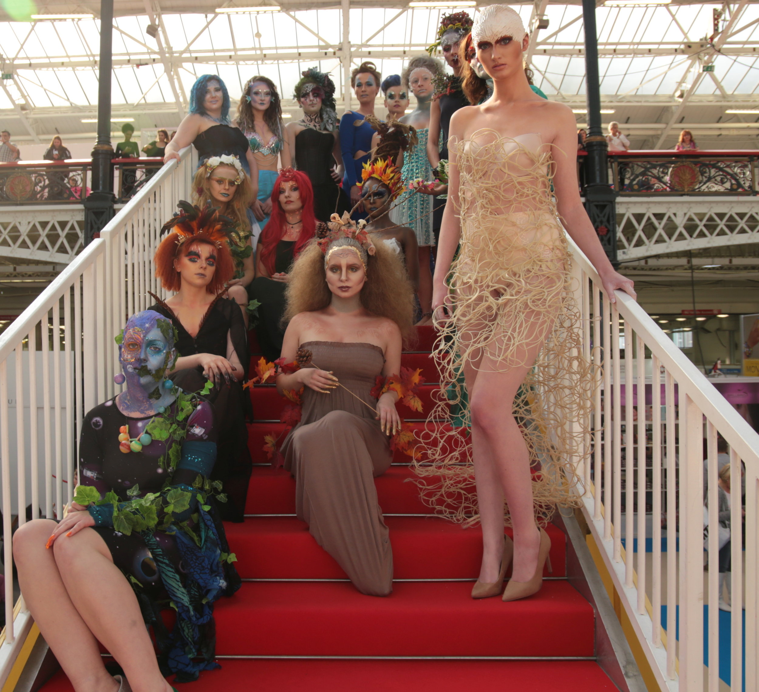 'Elements of the earth' models assembled before judging, Olympia Beauty Art of Make-up Competition, 2015