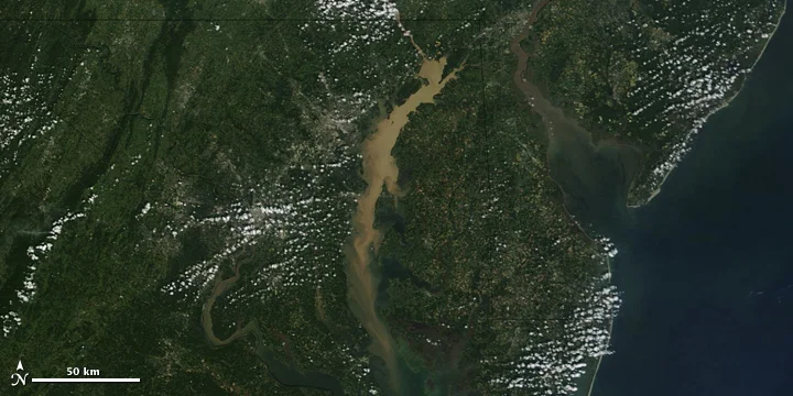 This photo (courtesy of Google) depicts the sediment clouds in the Susquehanna River leading into the Chesapeake Bay following Tropical Storm Lee.