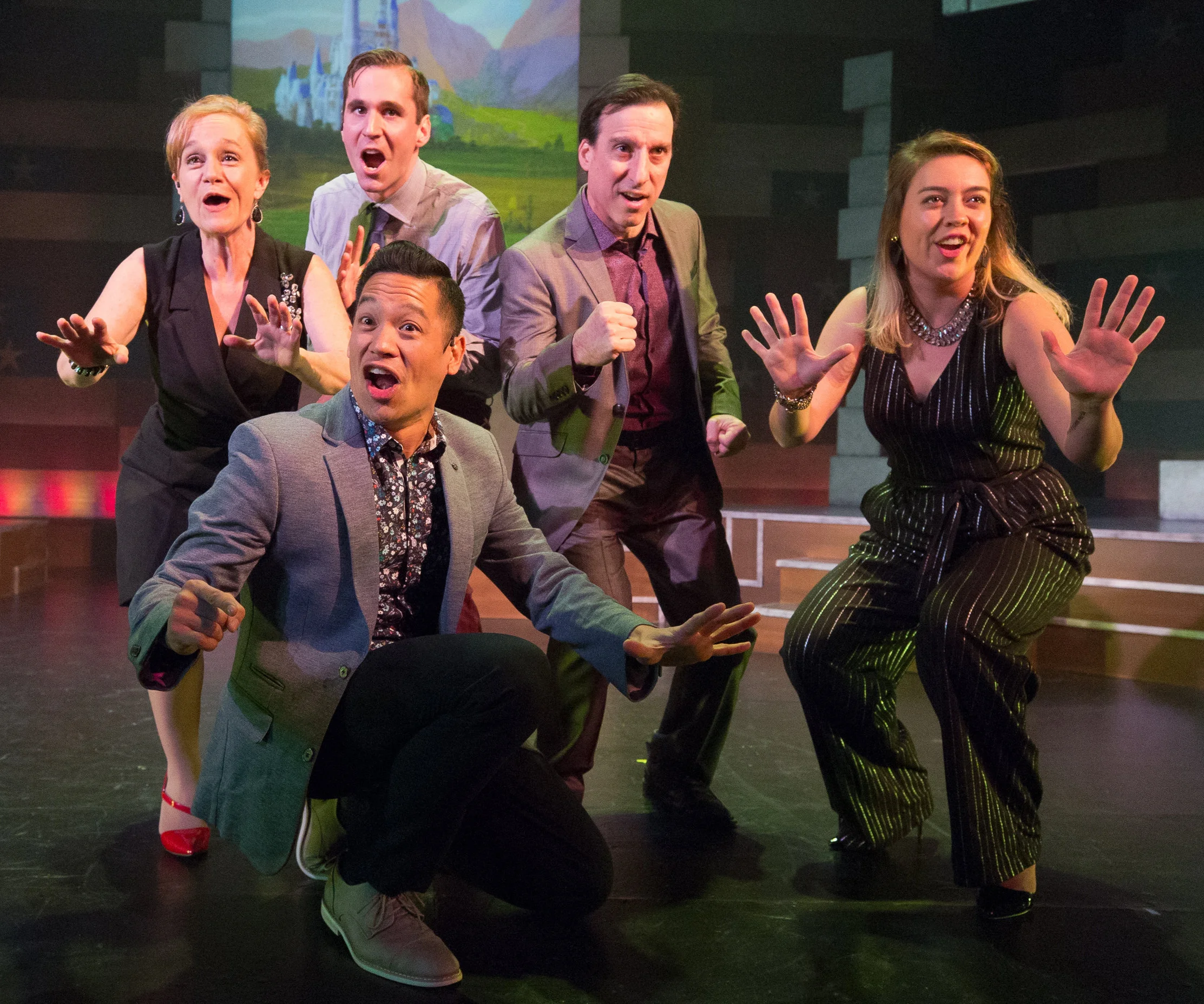 1812 Productions presents This Is The Week That Is . Pictured (l-r): Jennifer Childs, Sean Close, Justin Jain (kneeling), Dave Jadico, Tanaquil Márquez. Photo by: Mark Garvin