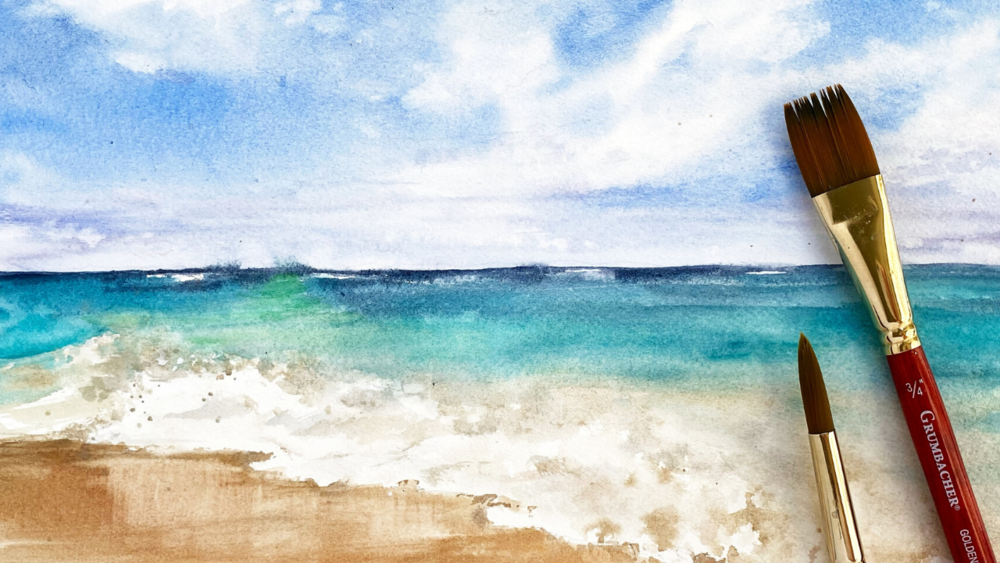 Paint With Me Challenge: July 2020 Loose Watercolor Blue Sky Ocean Waves  Landscape