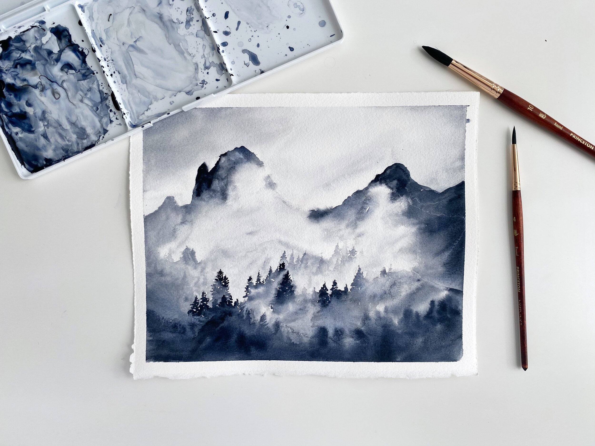 Misty Landscape Watercolor in Monochrome