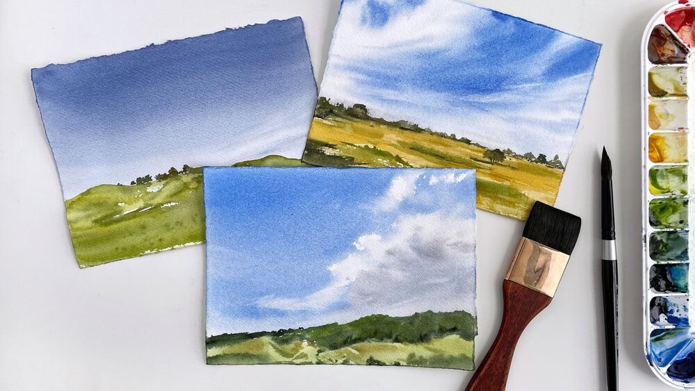 Blue Sky Clouds Watercolor Landscape, Landscapes To Paint In Watercolor