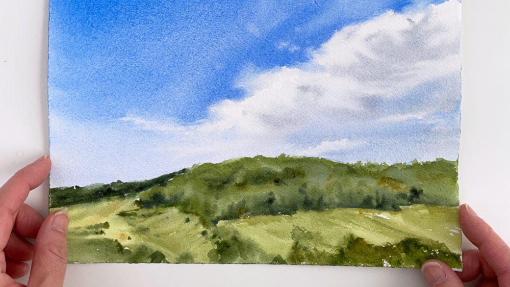 Tutorial: Watercolor painting landscape - Clouds over a field