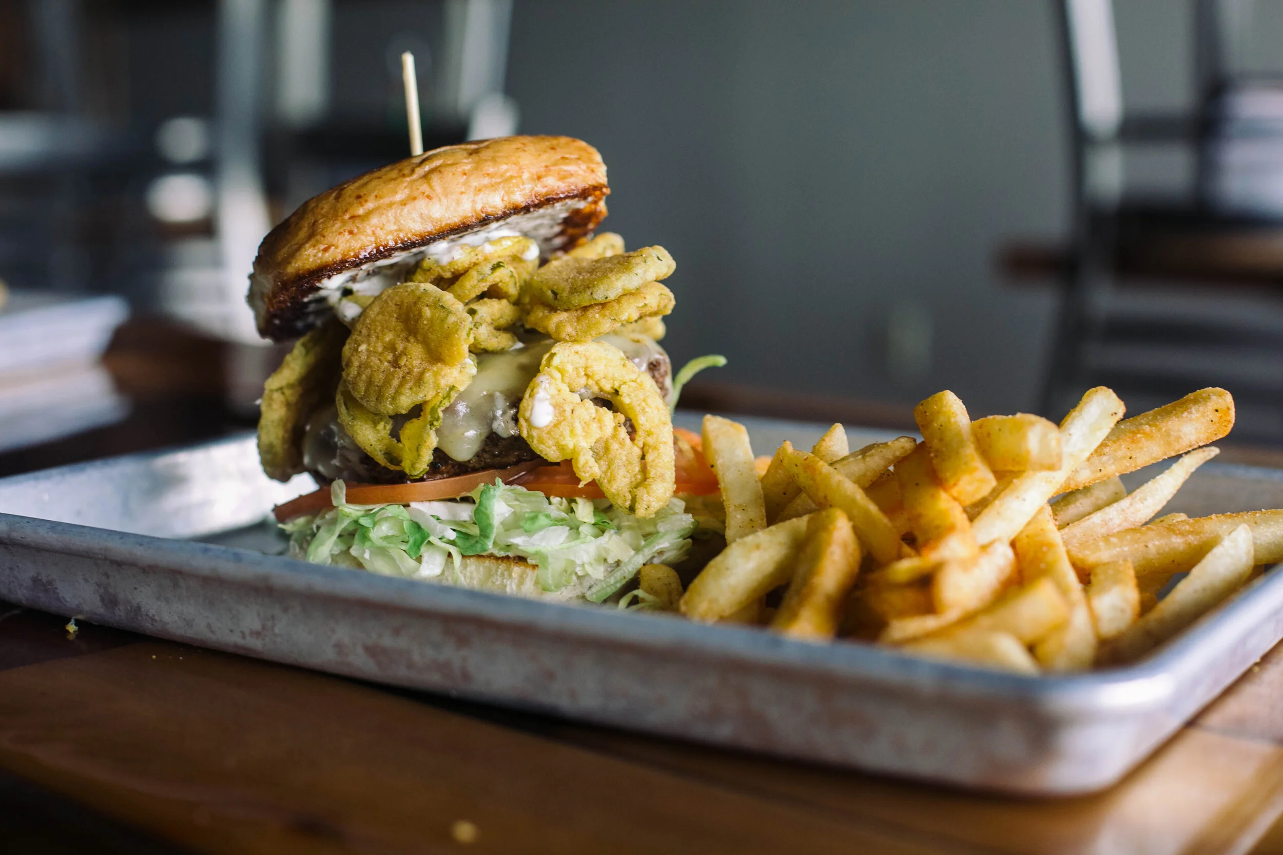 Our Mom's fried pickle burger with fries