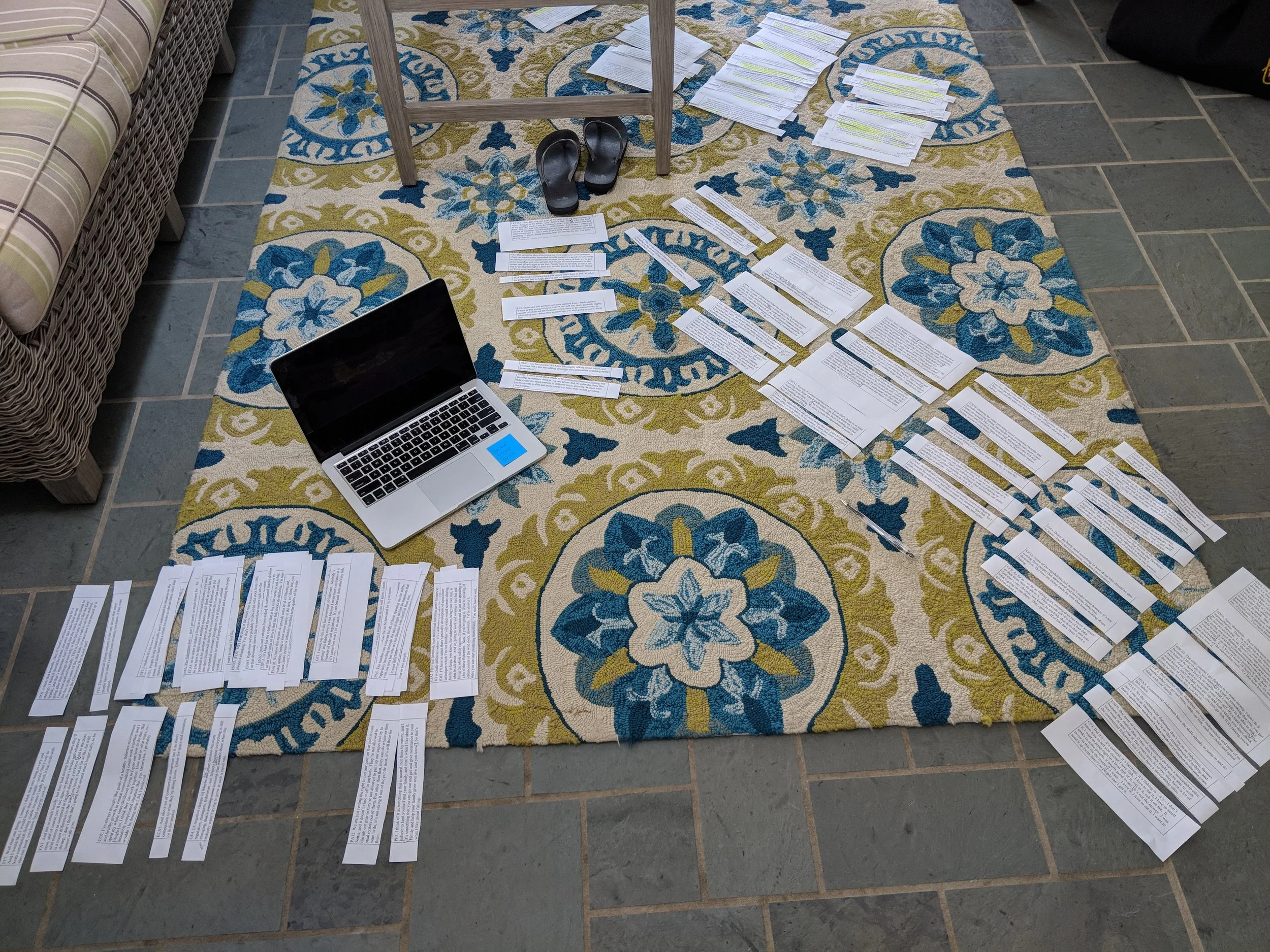 Preparing different statements about seafood production for Q method. Q method asks participants to sort a variety of statements according to how much they agree or think similarly to the text. Here the project team is running through piles of candidate statements to settle on a final sample. (Photo: L. Fairbanks)