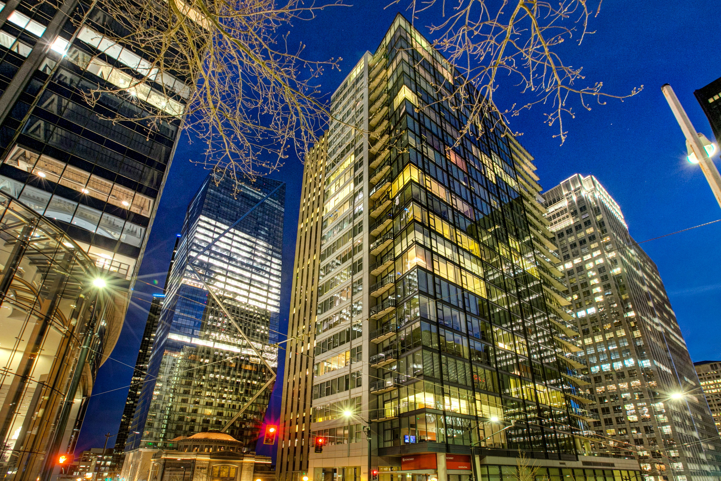 Night view of illuminated modern skyscrapers in a city with bare tree branches in the foreground.