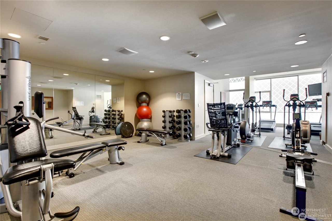 Modern gym interior with exercise equipment including treadmills, weight benches, dumbbells, and exercise balls.