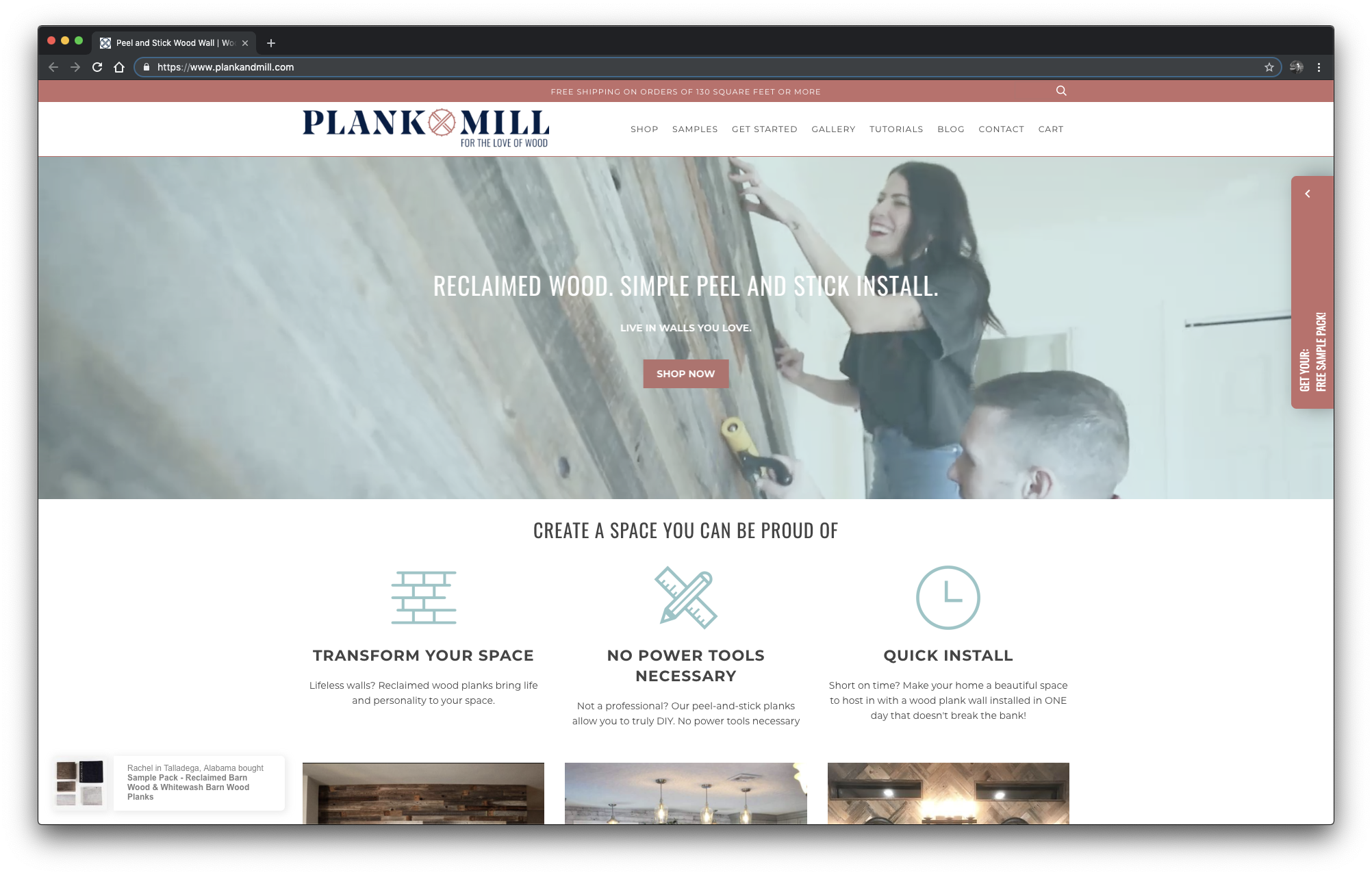 What does Plank and Mill sell? Reclaimed wood that’s easy to install. That’s a compelling message for DIYers, and they get straight to the point. There are explanatory blurbs to expand on each headline so the user doesn’t have to wonder what “Transform your space” actually means. All this, without even scrolling down the page.