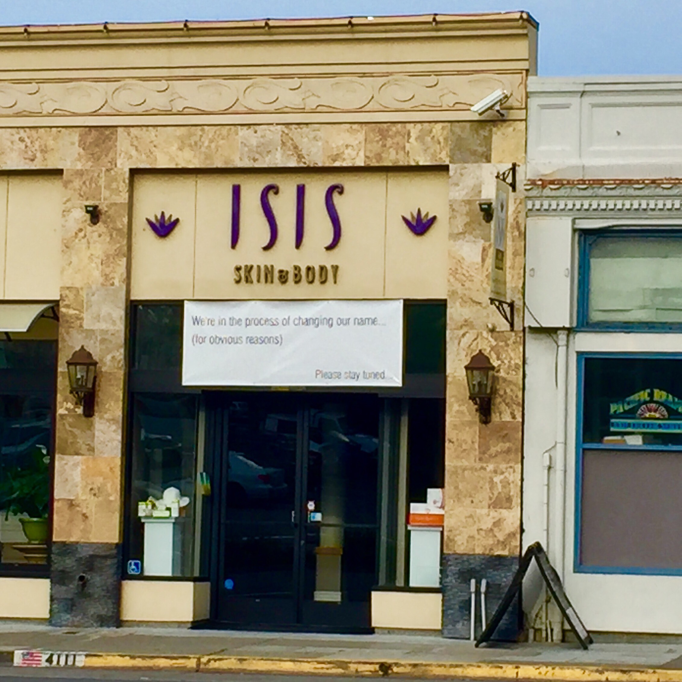 Finding the right name for your business is difficult, let alone having to adapt to world events. A spa down the street from where I lived in Oakland, California, decided to change its name in 2015 for what the banner describes as "obvious reasons."