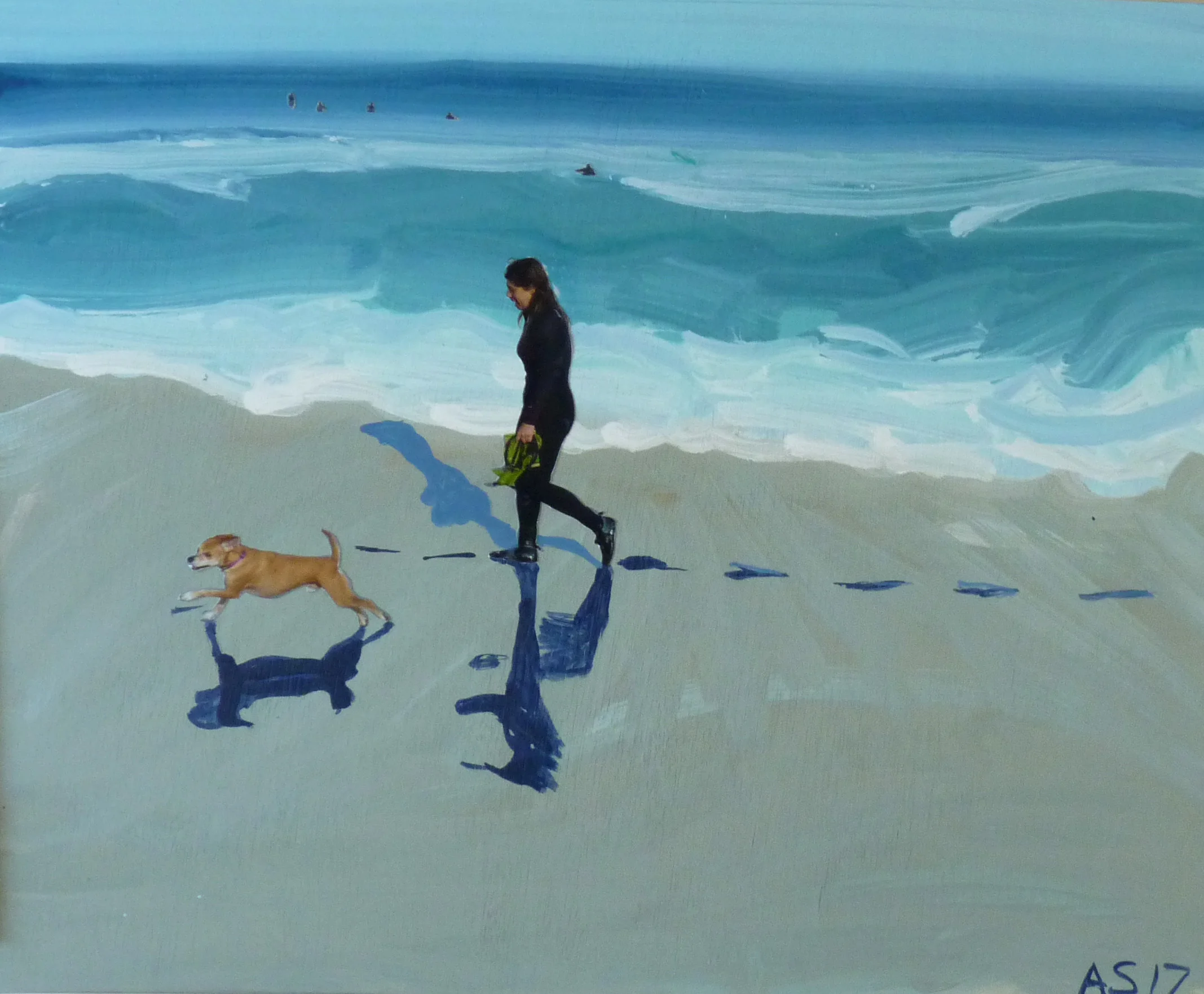 A woman walks along a beach with a dog on a leash. The woman carries a pair of shoes in her hand. The ocean waves are in the background, and their shadows are cast on the sand.