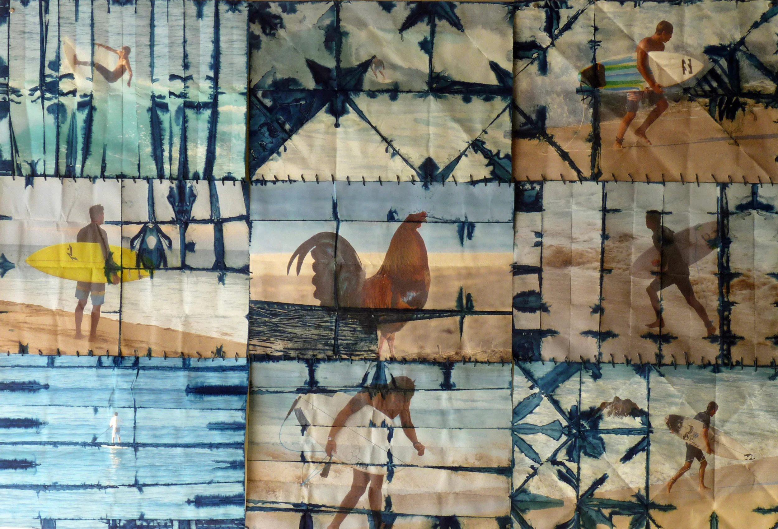 A collage of images featuring people at the beach with surfboards, some walking along the shoreline, and others surfing or standing with their surfboards, with a central image of a rooster at the beach during sunset.