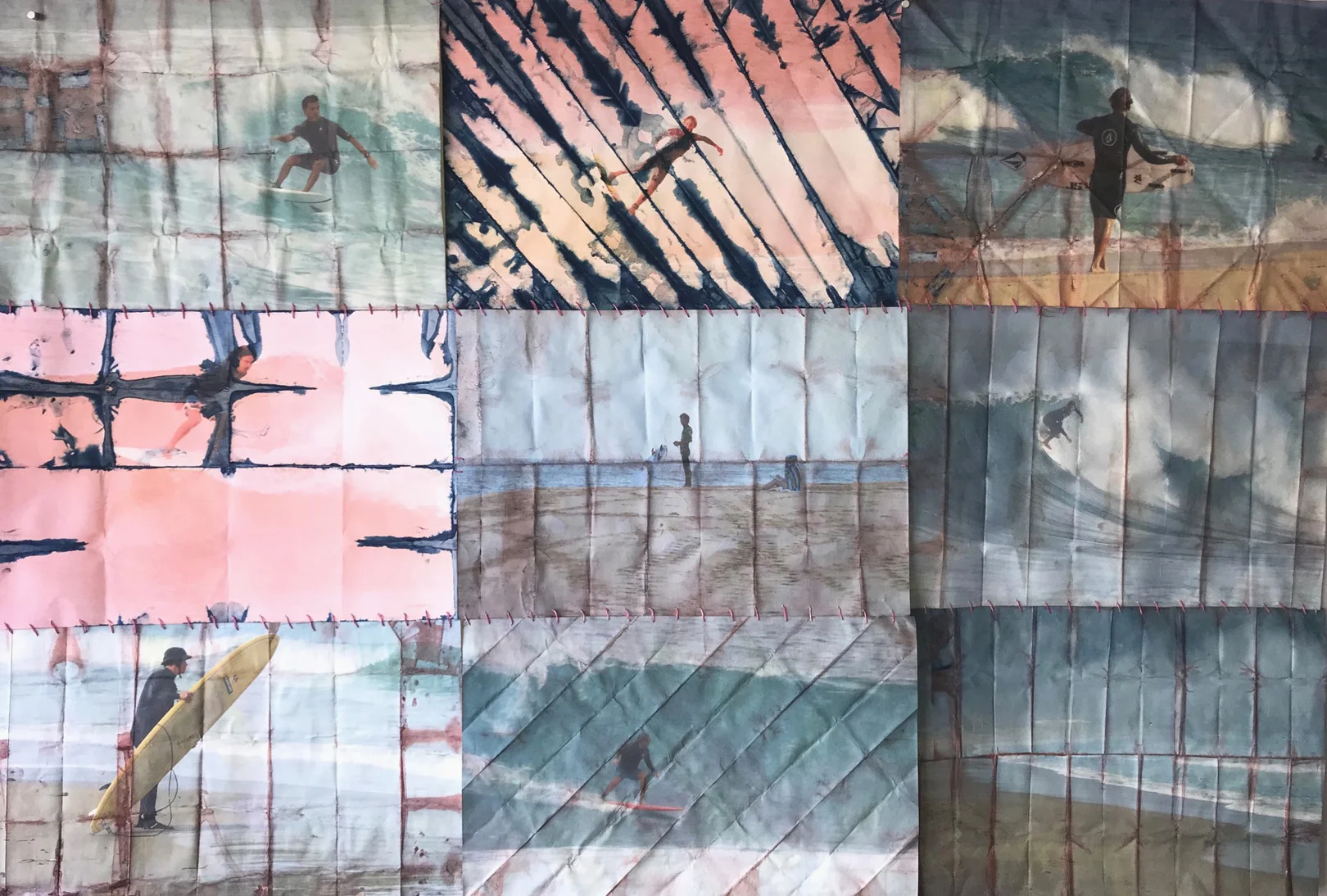 Collage of nine photos of people surfing, skateboarding, and paddleboarding at the beach, with some photos taken during sunset or sunrise, showing ocean waves, young surfers, and a person carrying a surfboard.