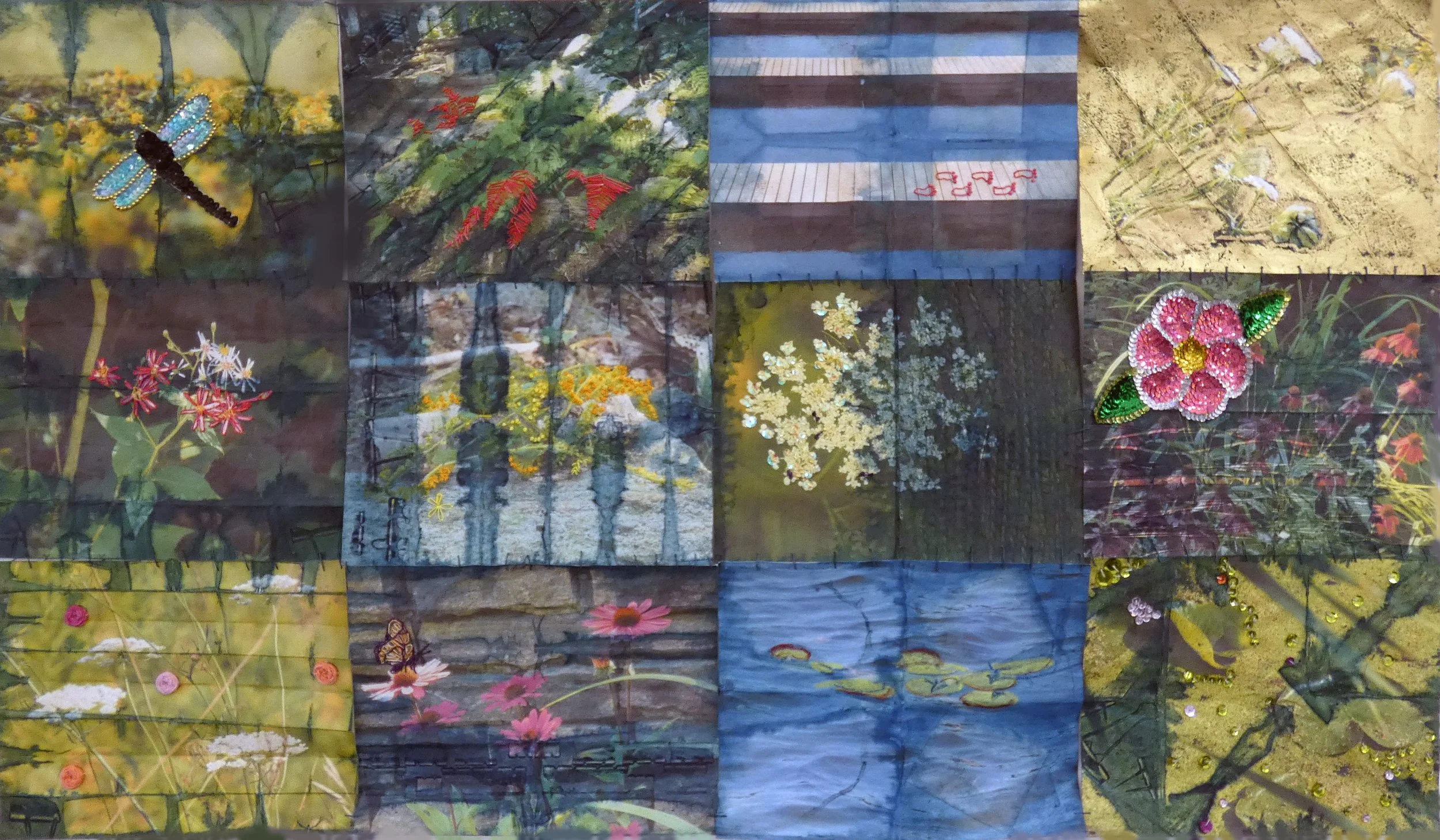 Collage of nature scenes and floral artwork, including flowers, water lilies, lily pads, dragonflies, butterflies, and scenic landscapes.