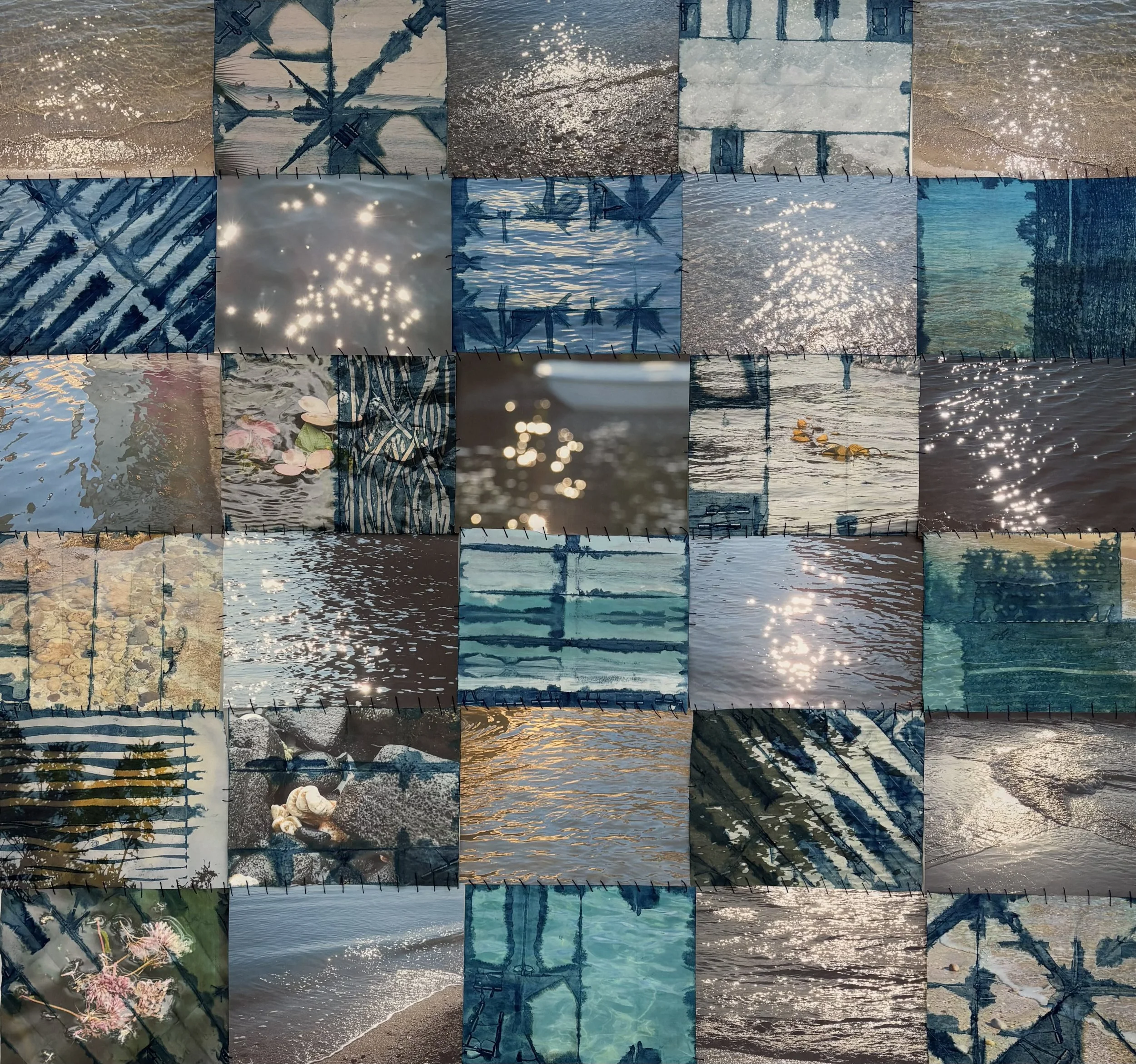 A collage of 30 small photos of water scenes, including lakes, rivers, and reflections of the sky and trees, with some images showing ripples, sunlight reflections, and floating objects.