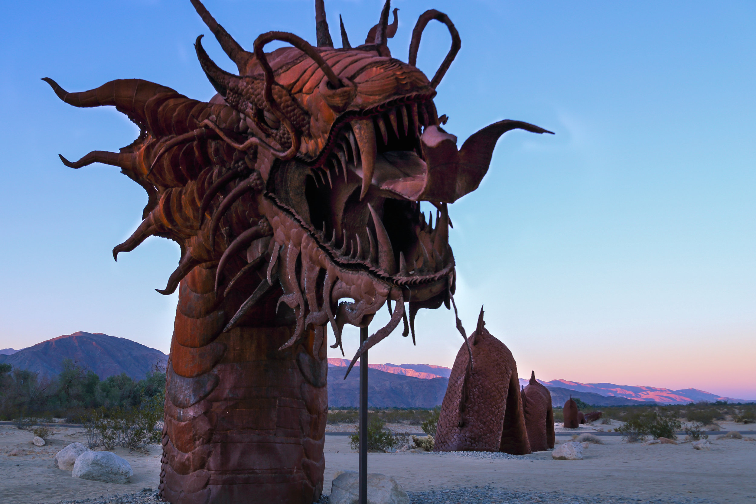 A metal dragon-headed serpent sculpture encountered in Borrego Springs. Art by Ricardo Breceda.