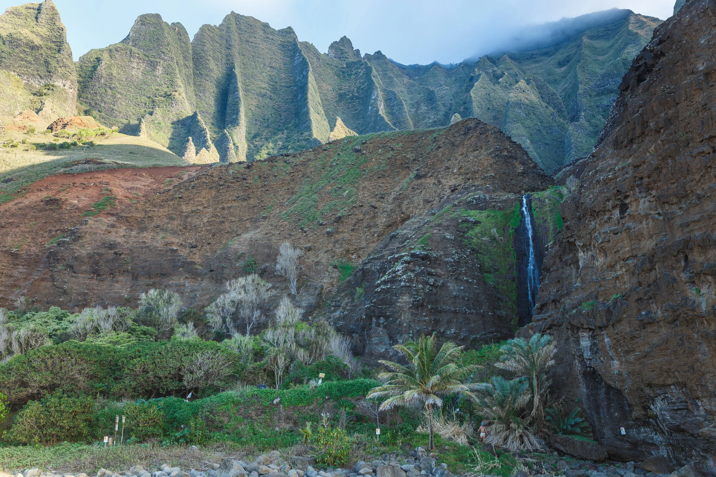 Looking up at the tall mountains from Kalalau Beach.