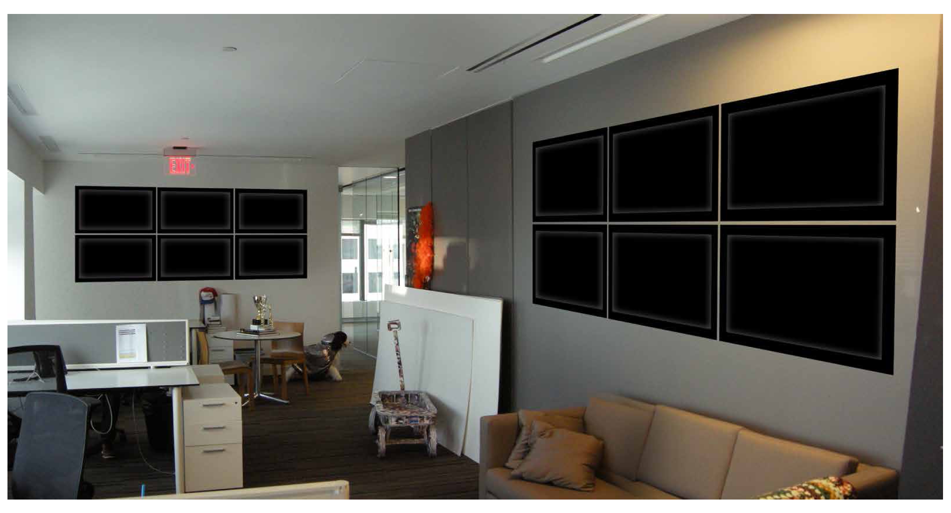 Our first step was to find a suitable space. We took pictures of several possible locations and photoshopped some TV screens on the walls.
