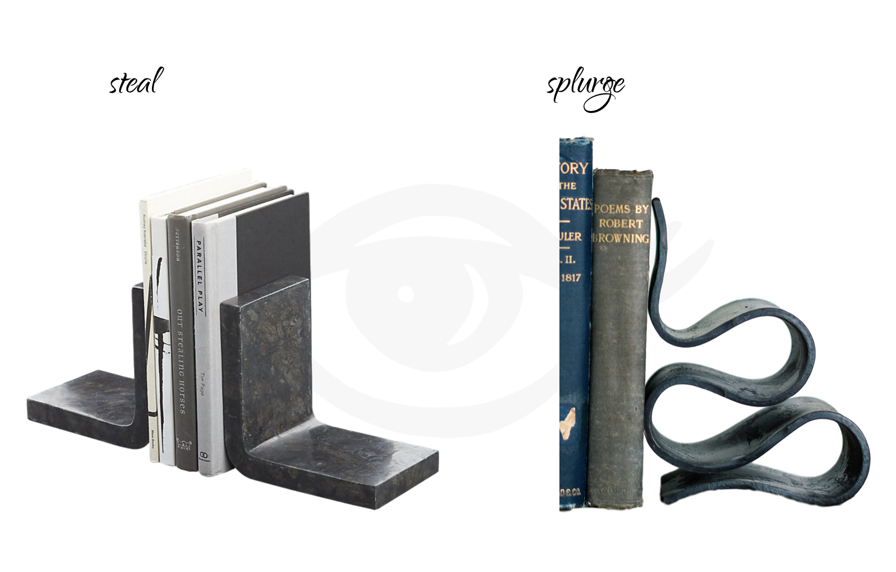 STEAL: CB2 Swoop Black Marble Bookends Set , $59.95. | SPLURGE: Urban Forge Forged Book Ends Set , $249.
