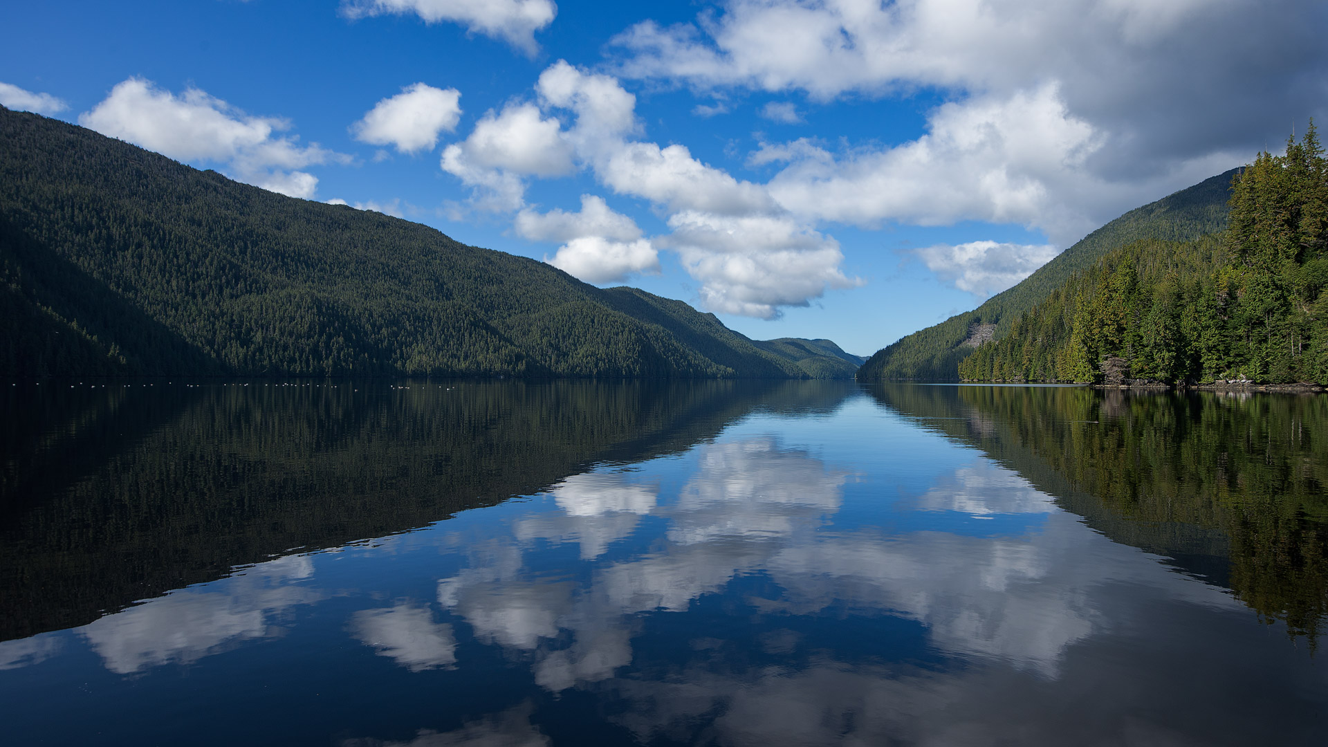 Mountains and sky reflection on glassy lake