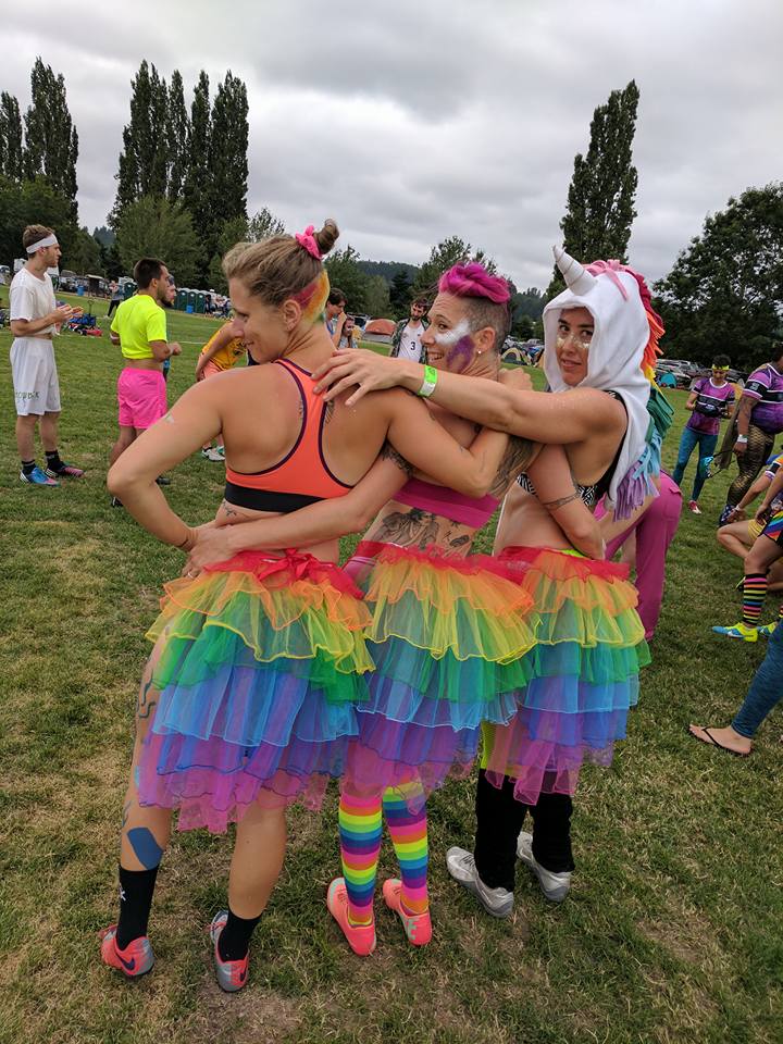 Bert Abbott, Ren Caldwell, and Kira Morin of RenFitness Gym and The Gay Agenda at Potlatch. (Photo Credit Bert Abbott)