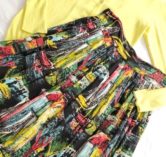 My very first vintage piece purchased 36 years ago. A 1950's Bark Cloth Skirt with a metal zipper. The print is called "Paris Night Scene". And I'm still wearing it!