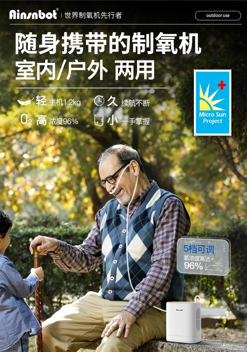 Micro Sun - 美國Ainsnbot 96%高純度便攜式製氧機（最大流量：5L/min）