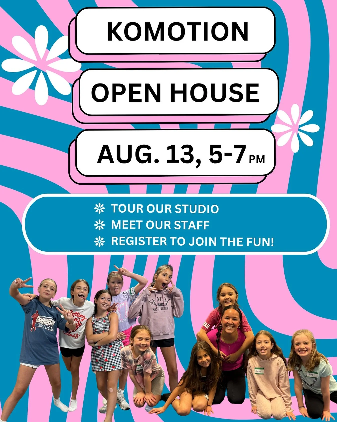 This Wednesday, 8/13! 💙
Come join us for our Open House/Registration day! 
5:00 - 7:00 pm at the studio!

👉🏽 Meet some of our instructors
👉🏽 Tour the upgraded facility
👉🏽 Register for classes

We can&rsquo;t wait to meet you all!
Check out mor