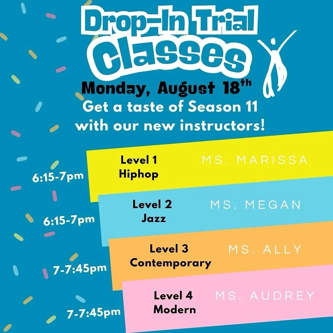 💙 TONIGHT!! 💙
FREE community class for all!
Whether you&rsquo;re a dancer already registered for this season, or on the fence.. or, even if you just want to experience what a dance class is like at our studio, come join us!

⏰ 6:15 - 7:00 pm ⏰

👉?
