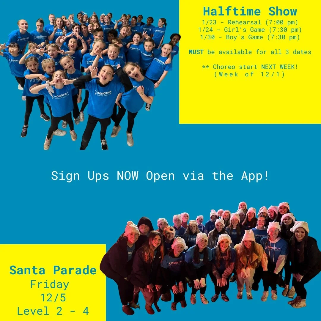 🎉 Komotion Nation &mdash; TWO exciting events are coming up! 🎉

Even though we&rsquo;re on break this week, we&rsquo;re gearing up for some holiday + halftime FUN! Sign-ups for both events are now live in the app, and prep starts next week 👇

🎅 S