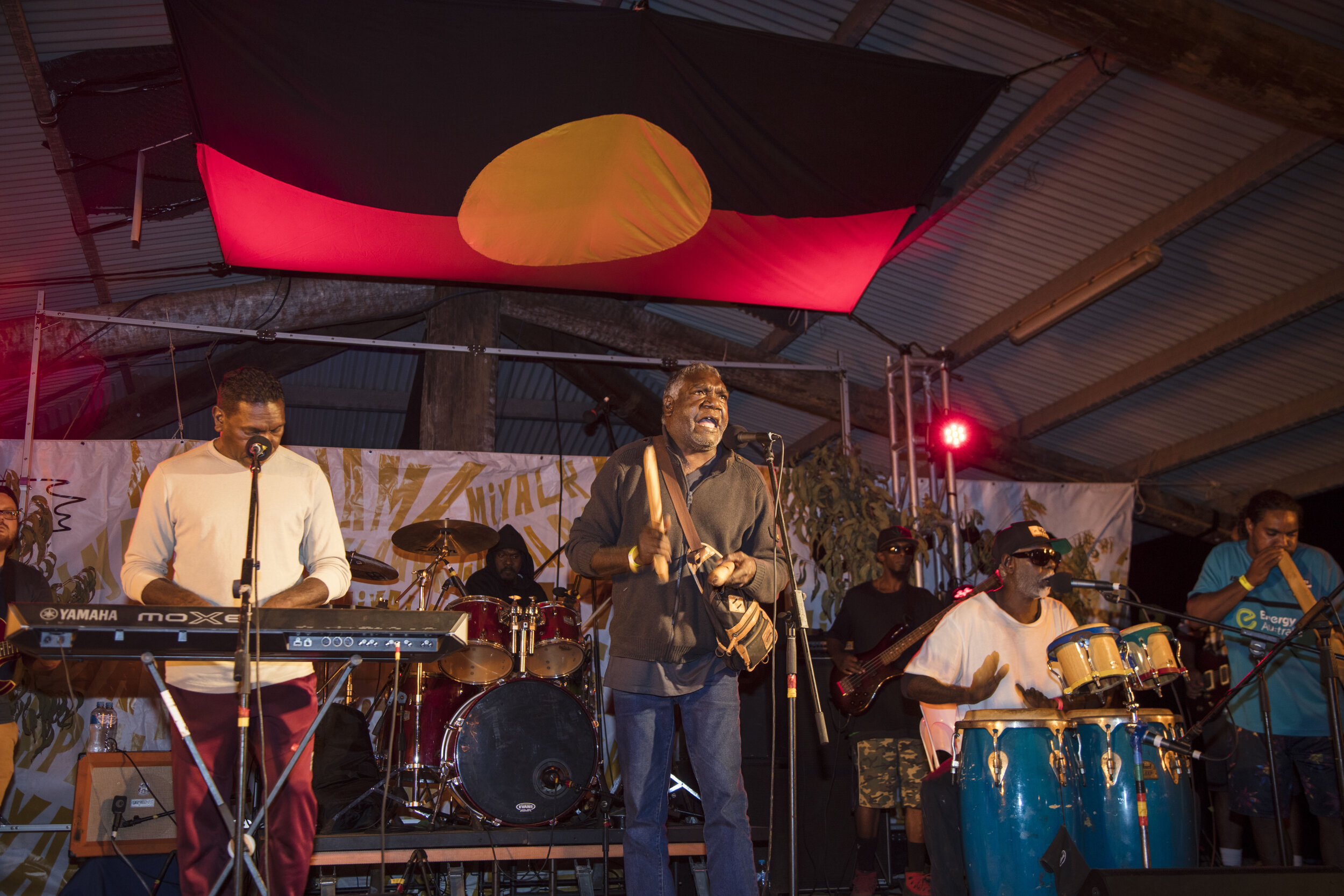  Local favourites, Barra West Wind blend traditional and contemporary sounds and are regulars on the  music stage at Garma. Photo by Melanie Faith Dove. 