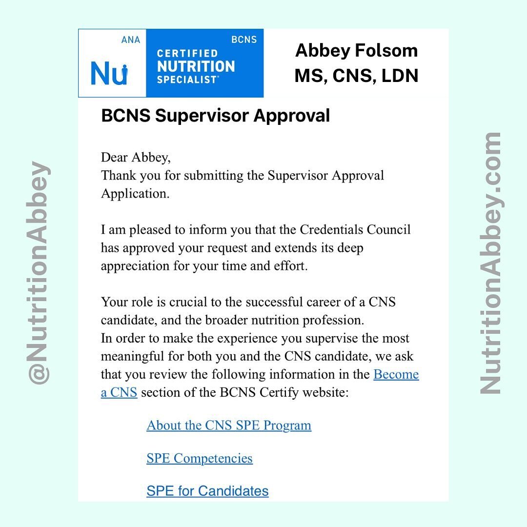 I've achieved BCNS Supervisor status to provide clinical internship hours for credit towards the CNS credential! 
.
.
#CertifiedNutritionSpecialist #LicensedNutritionist
#ClinicalNutrition #MedicalNutritionTherapy #FloridaLicensedNutritionist #Florid