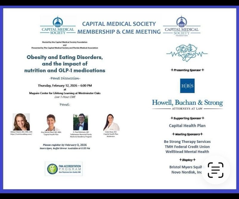 @NutritionAbbey -An honor &amp; privilege to be an invited guest speaker for the @CapMedSociety. My co-panelists are esteemed healthcare experts: @TallahasseeMemorial Family Medicine Residency Program, Dr. Paul Robinson -a pillar of pediatrics &amp; 
