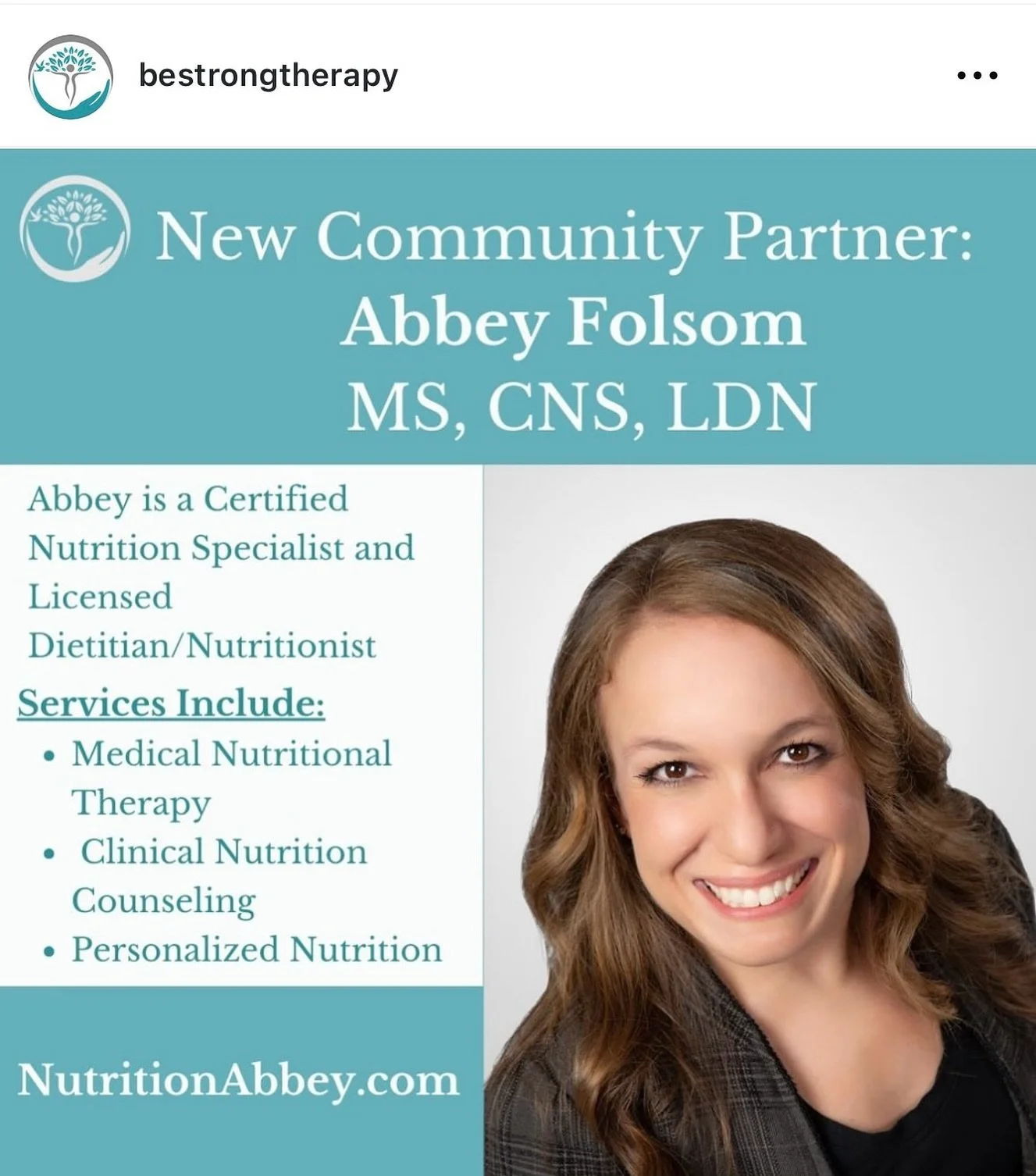 @nutrition.abbey &amp; @bestrongtherapy partnership has begun! Please follow us, check out our services &amp; schedule with us! We offer one-hour, one-on-one therapy. Thank you @jimmoraninstitute for introducing us while engaging us in your Small Bus