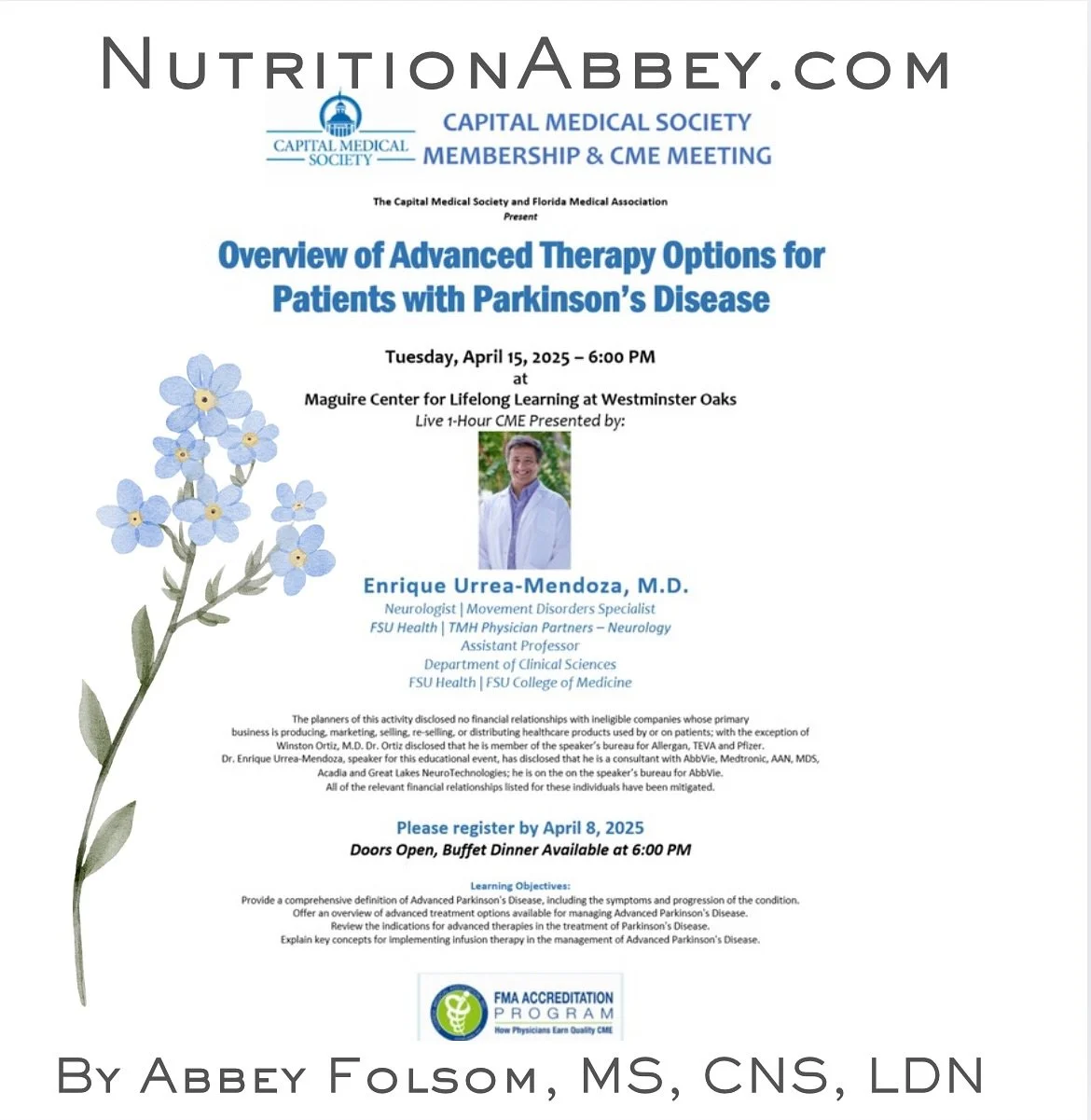 @nutrition.abbey &amp; @bestrongtherapy enjoyed sponsoring the @capmedsociety April meeting. Neurologist, @dr.enriqueurrea gave a spirited talk on Atypical Parkinsonian disorders. Smart to invite the device companies that use ports to stream meds lik