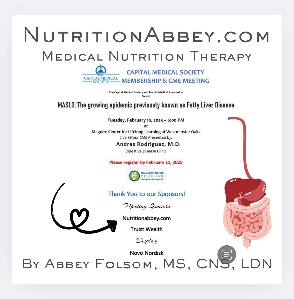 @nutrition.abbey is sponsored the February @capmedsociety meeting on Metabolic dysfunction-associated steatotic liver disease MASLD #liverdisease #liverdiseaseawareness 
.
.
#CertifiedNutritionSpecialist #LicensedNutritionist #ClinicalNutrition #Medi