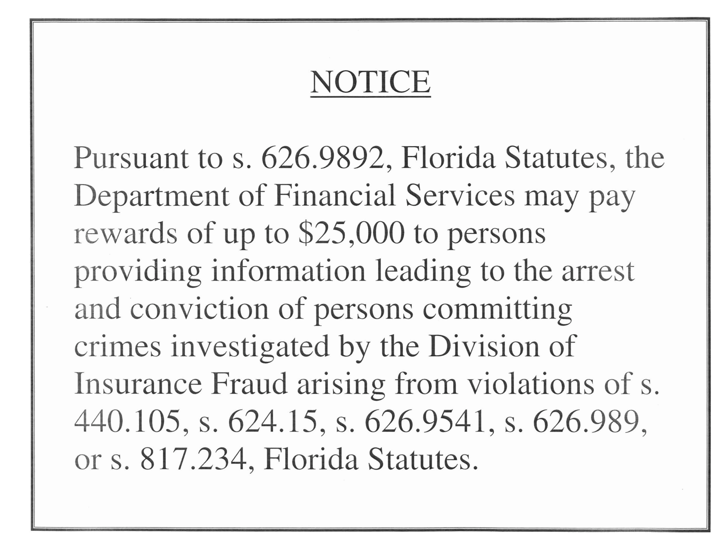 Notice of Insurance Fraud Reward Sign