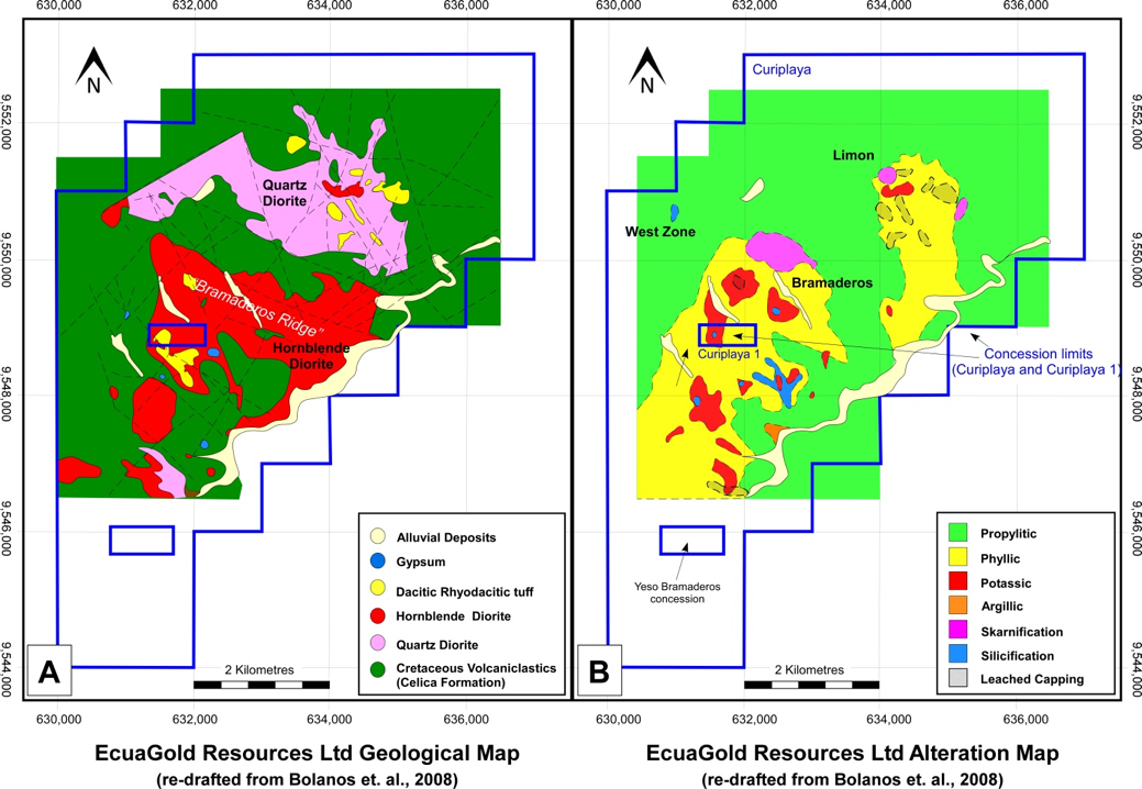 Lithology and structure map (left) and alteration map (right) created by EcuaGold Resources.