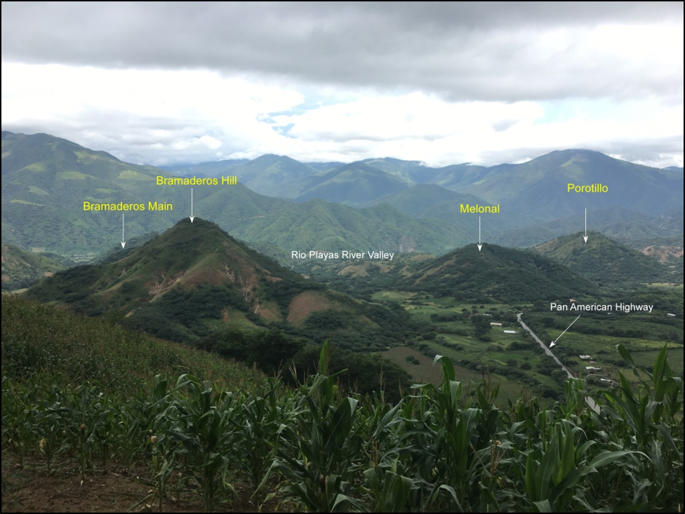 Conical-shaped hills associated with stockwork zones at Melonal and Porotillo, and adjacent to Bramaderos Main.