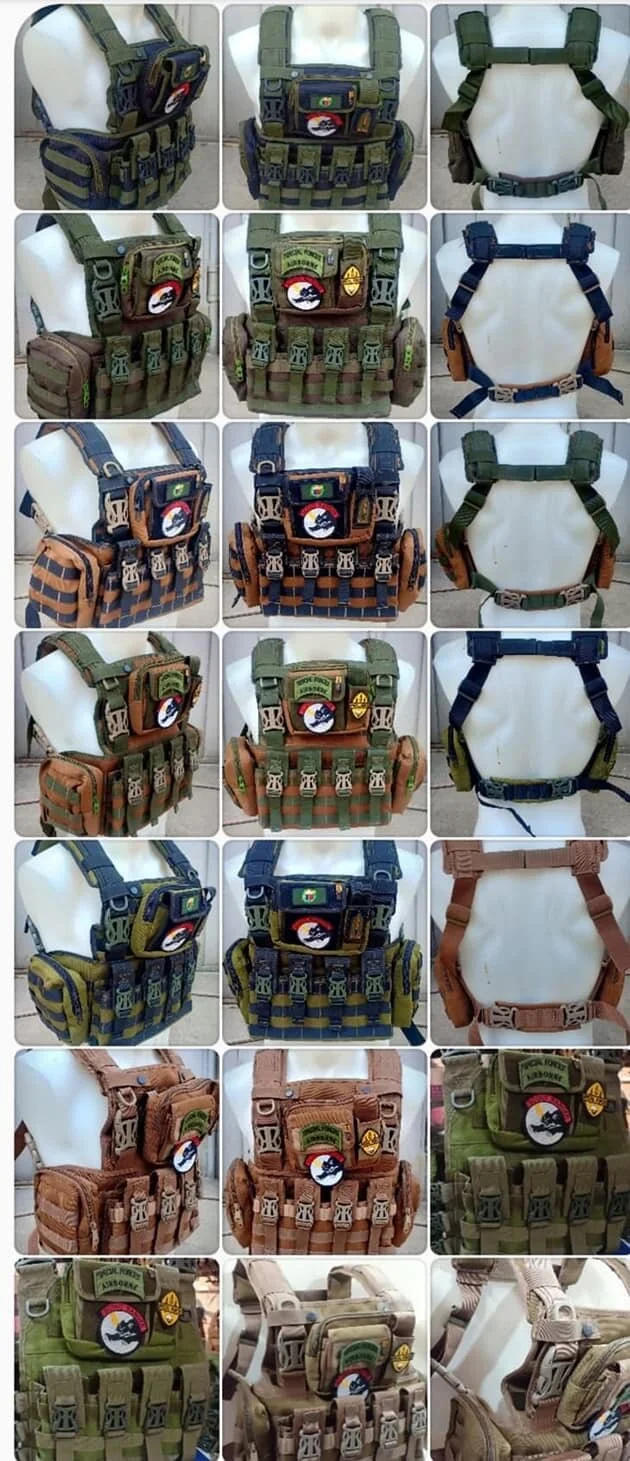 A reseller’s compilation of the different Venum chest rig color offerings. The 3rd and 4th to the last are their Banshee style carriers. H-harness system in clear view.
