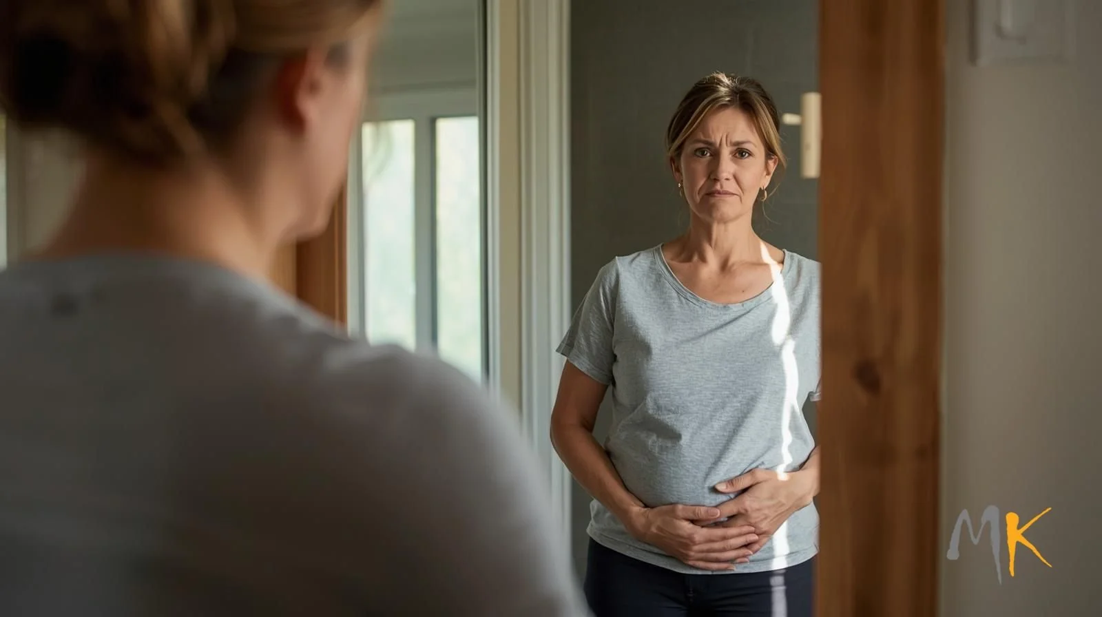 Woman experiencing frustration with early perimenopause symptoms like bloating and fatigue.