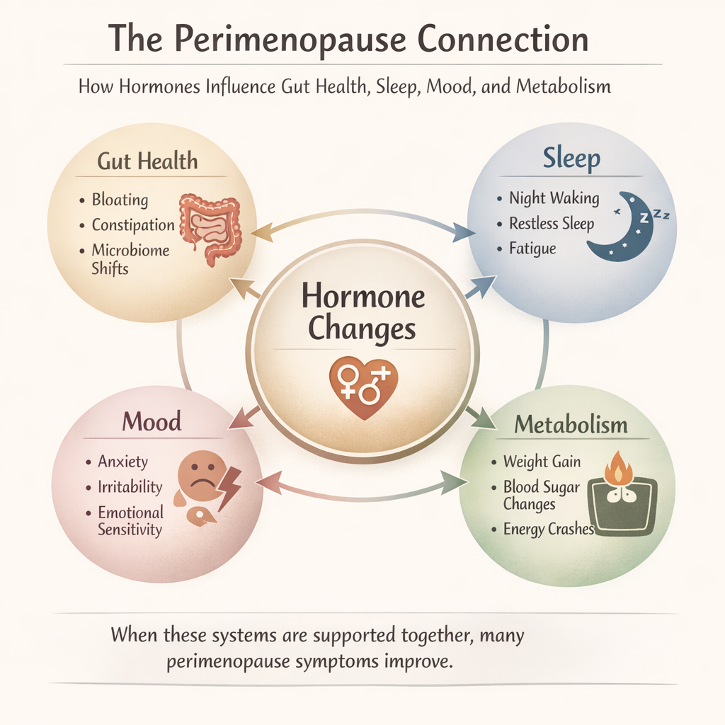 Perimenopause connections from Gut Health, restless nights, changes to your mood and weight gain.  These are all connected and play off one another